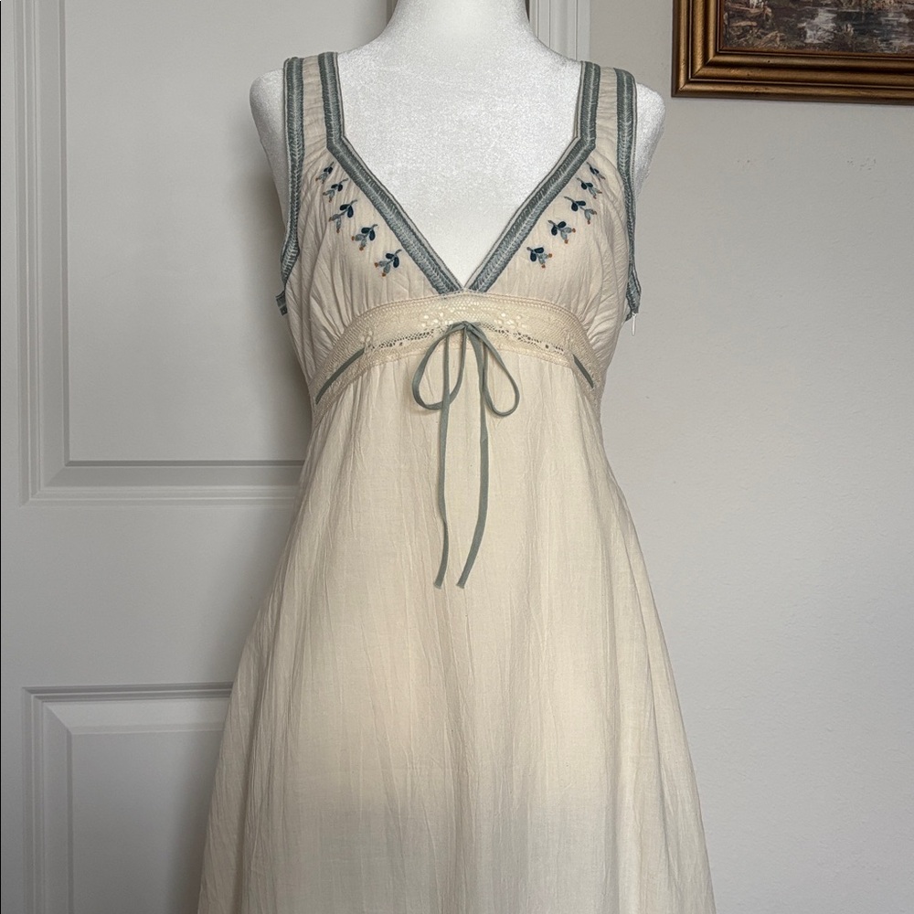 Cream Maxi Dress with Blue Trim and Embroidery